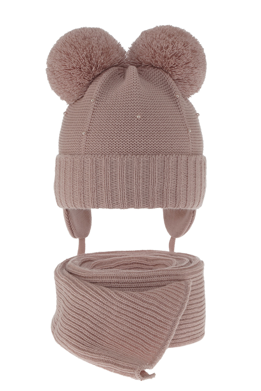 Flicka vinter set: mössa och halsduk, rosa, med två pompommar, Fibien