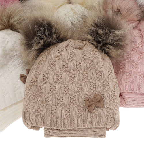 Flicka vinter set: mössa och halsduk, rosa, med två pompommar, Bettina