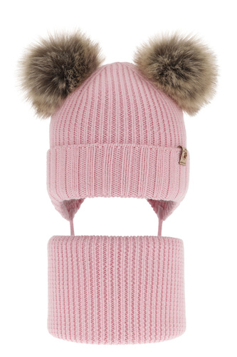 Flicka vinter set: mössa och halsduk, rosa, med två pompommar, wiązany Silvia