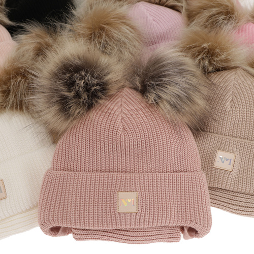 Flicka vinter set: mössa och tubhalsduk, beige, med två pompommar, knytband, Kiara