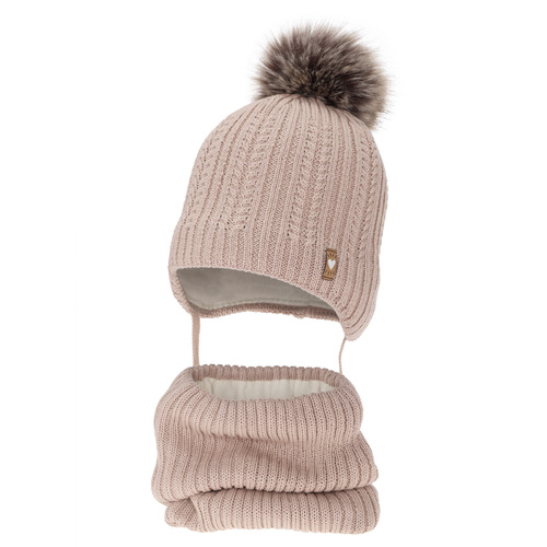 Flicka vinter set: mössa och tubhalsduk, beige, med merinull, med pompom, med knytband, Muanda