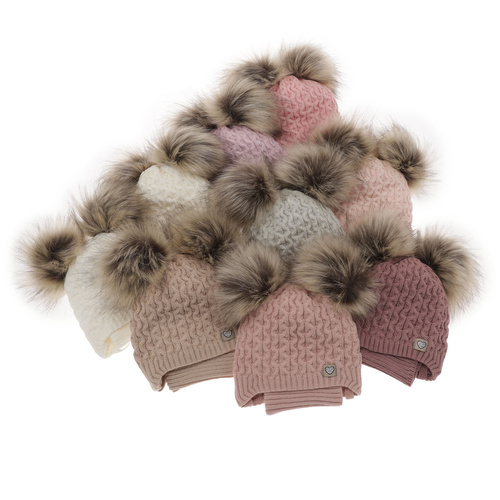 Flicka vinter set: mössa och tubhalsduk, beige, med två pompommar, med knytband, Poliana