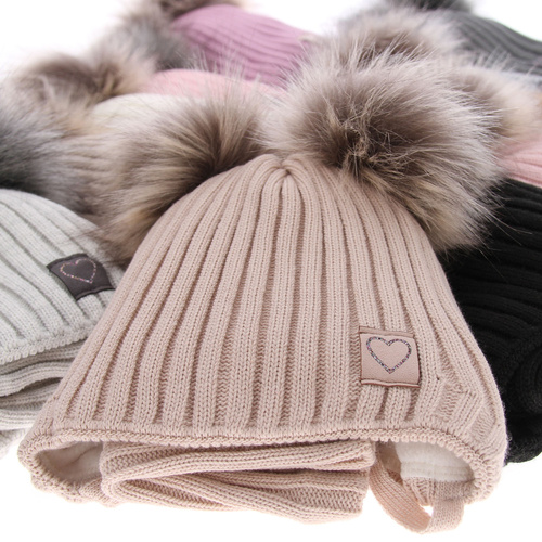 Flicka vinter set: mössa och halsduk, rosa, med två pompommar, wiązany, Telisa