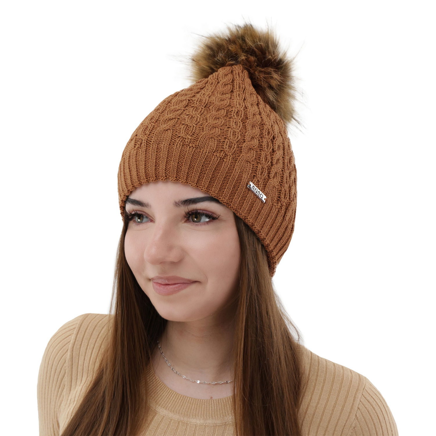 Dam vintermössa, camel, med merinull, med pompom, Satina