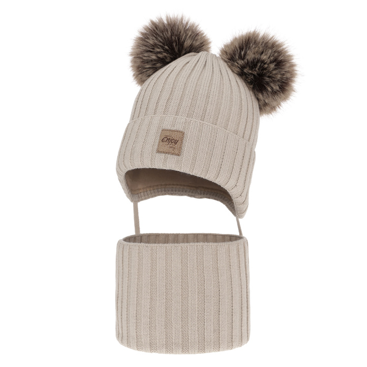 Pojke vinter set: mössa och tubhalsduk, beige, med två pompommar, knytband, Orange