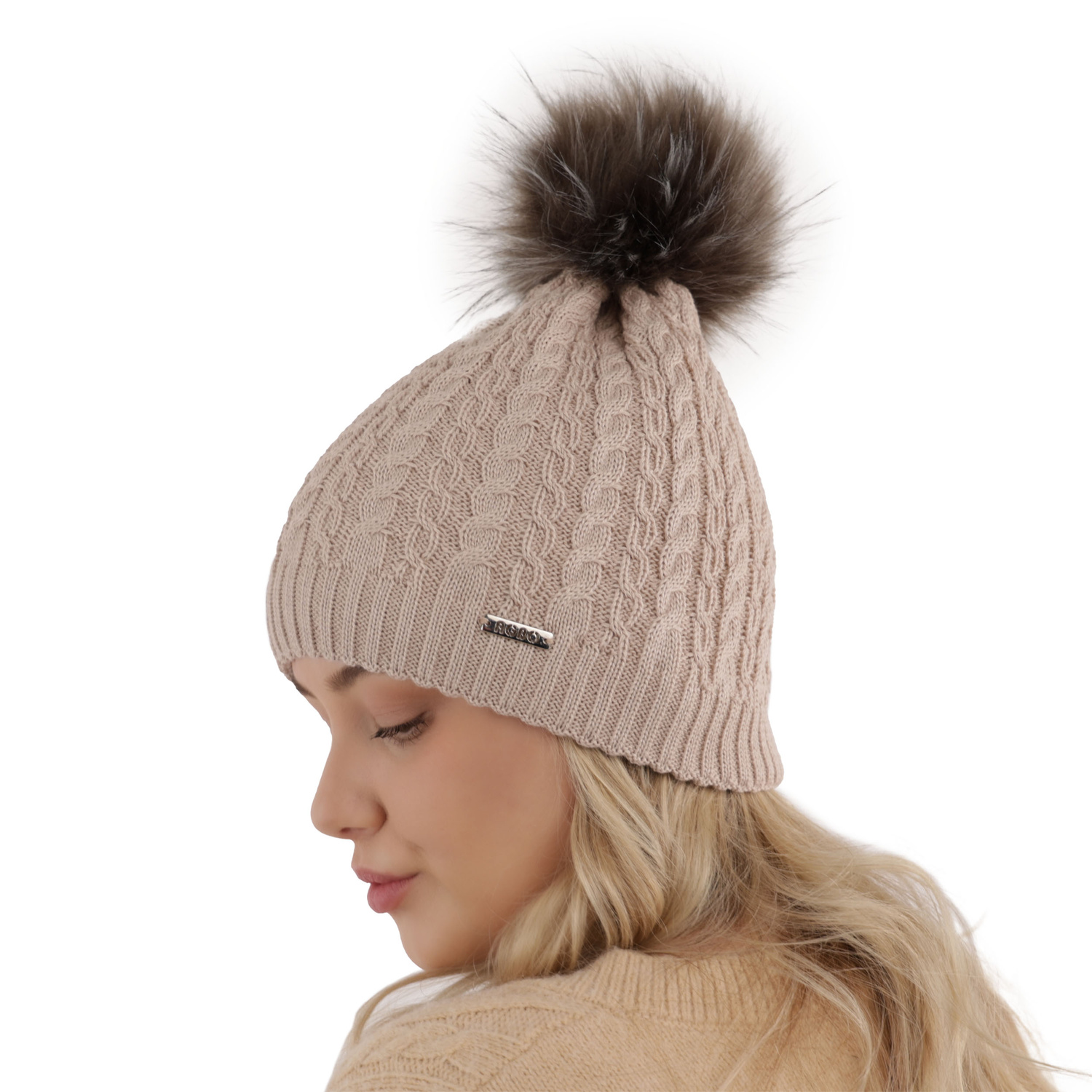 Dam vintermössa, grå, med pompom, 100% Merino Ull, Satina
