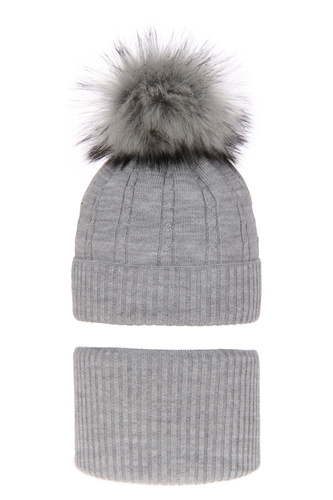 Flicka vinter set: mössa och tubhalsduk, grå, med pompom, Lawa