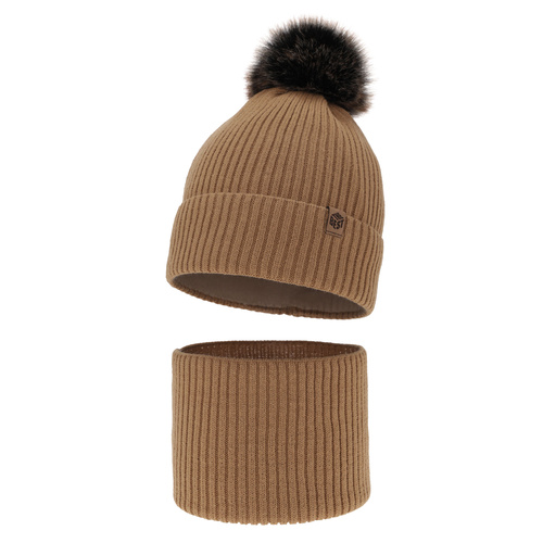 Pojke vinter set: mössa och tubhalsduk, camel, med pompom, Wizar