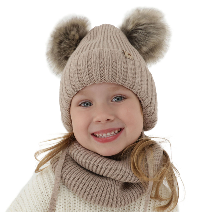 Flicka vinter set: mössa och halsduk, beige, med två pompommar, wiązany, 100% Merino Ull, Silvia