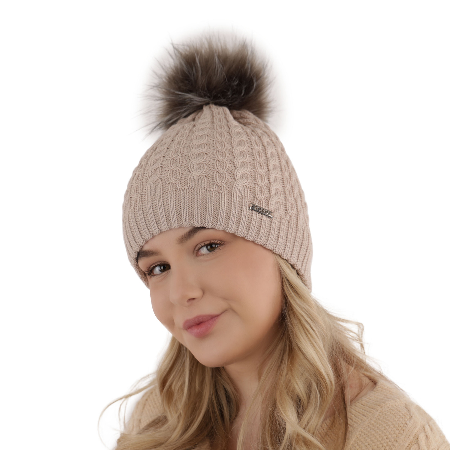 Dam vintermössa, grå, med pompom, 100% Merino Ull, Satina