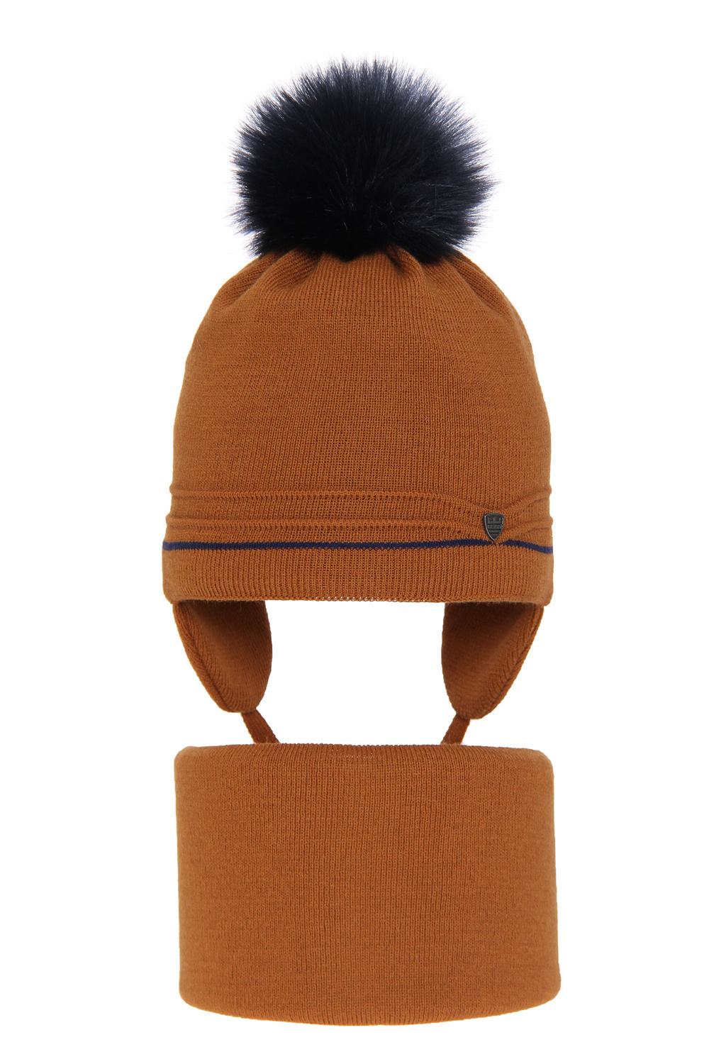 Pojke vinter set: mössa och halsduk, camel, med pompom, knytband, Burgund