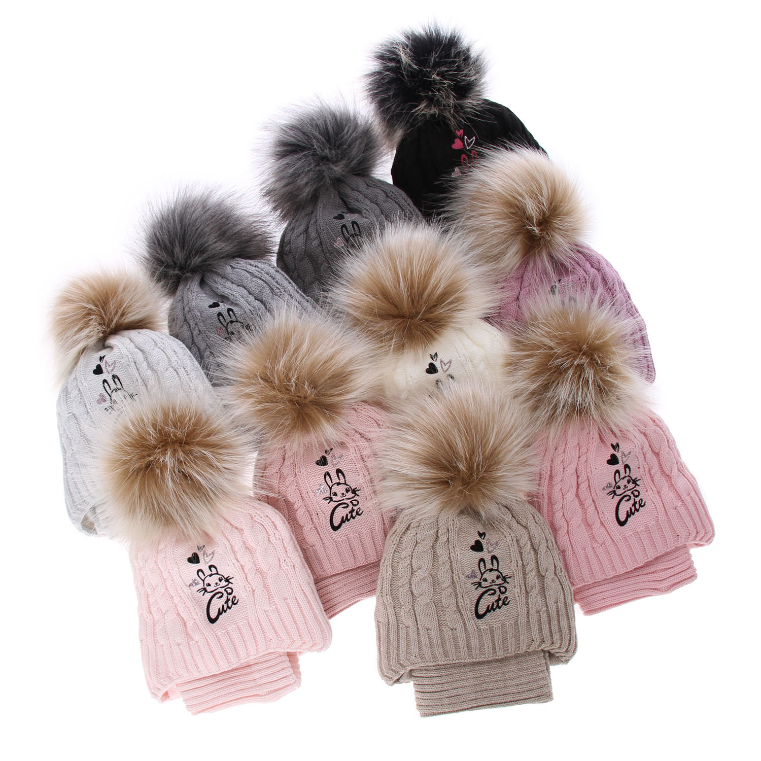 Flicka vinter set: mössa och tubhalsduk, beige, med pompom, Treccia