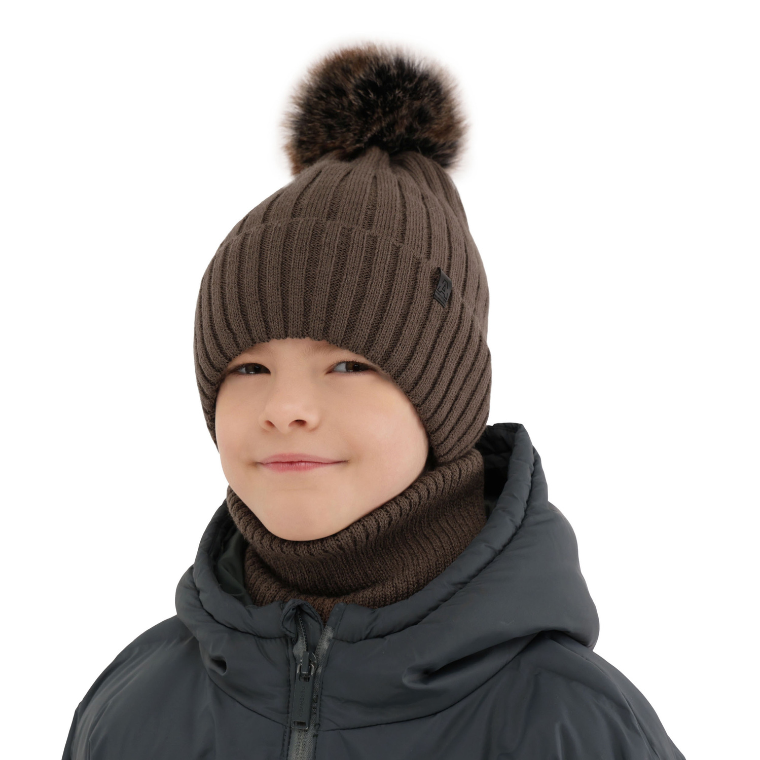 Pojke vinter set: mössa och halsduk, camel, med pompom, Relax