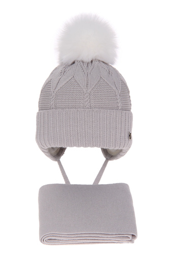 Flicka vinter set: mössa och halsduk, grå, med pompom, Altina