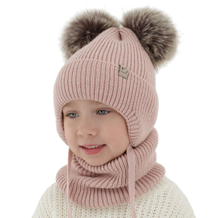Flicka vinter set: mössa och tubhalsduk, rosa, med två pompommar, med knytband, Zori