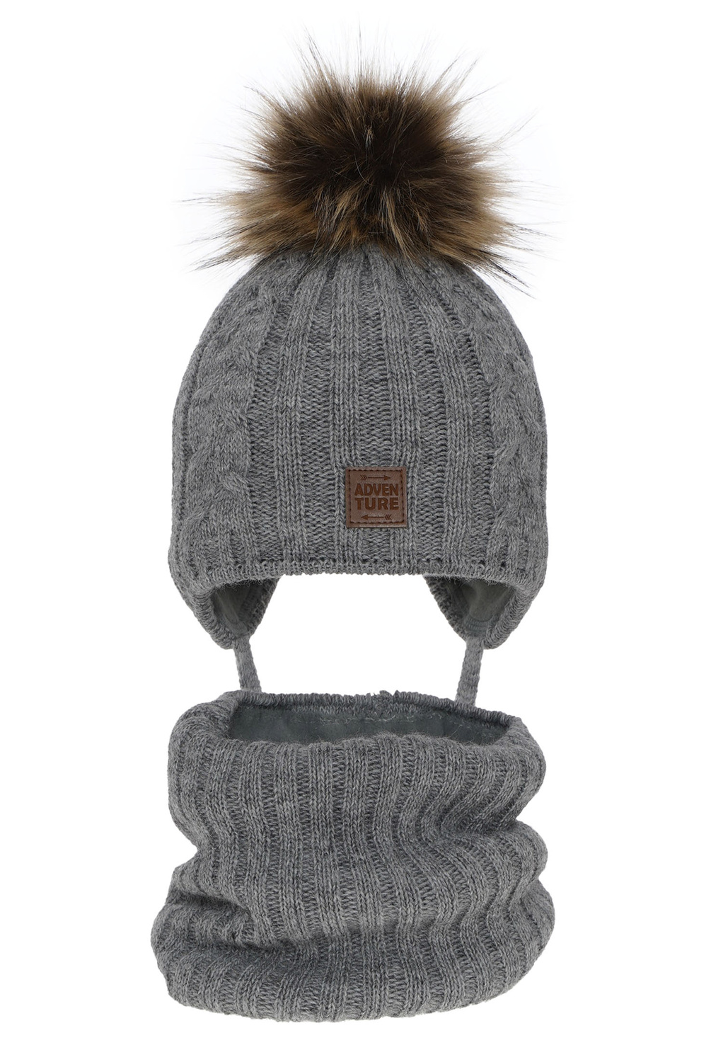 Pojke vinter set: mössa och tubhalsduk, grå, med pompom, knytband, Casper