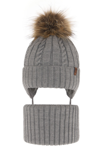 Pojke vinter set: mössa och halsduk, grå, med pompom, Peter