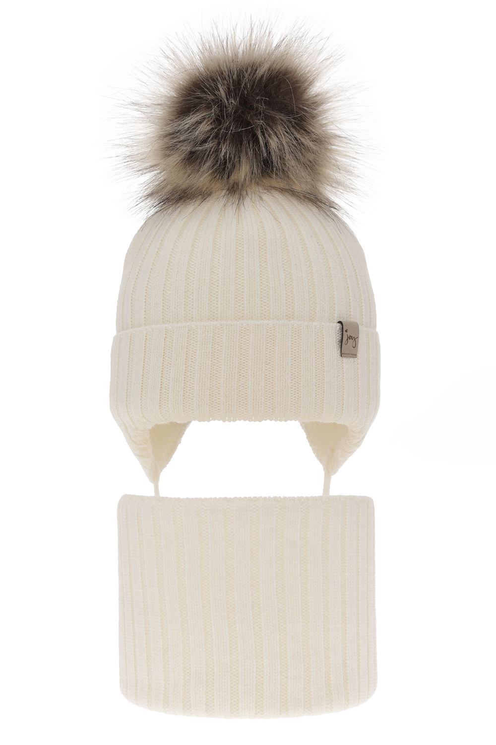 Flicka vinter set: mössa och halsduk, kremowy, med knytband, 100% Merino Ull, Junika