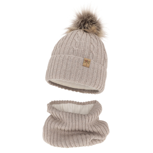 Flicka vinter set: mössa och tubhalsduk, beige, med pompom, med merinull, Aprilia