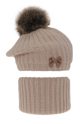 Flicka vinter set: mössa och halsduk, beige, med pompom, Polinezja