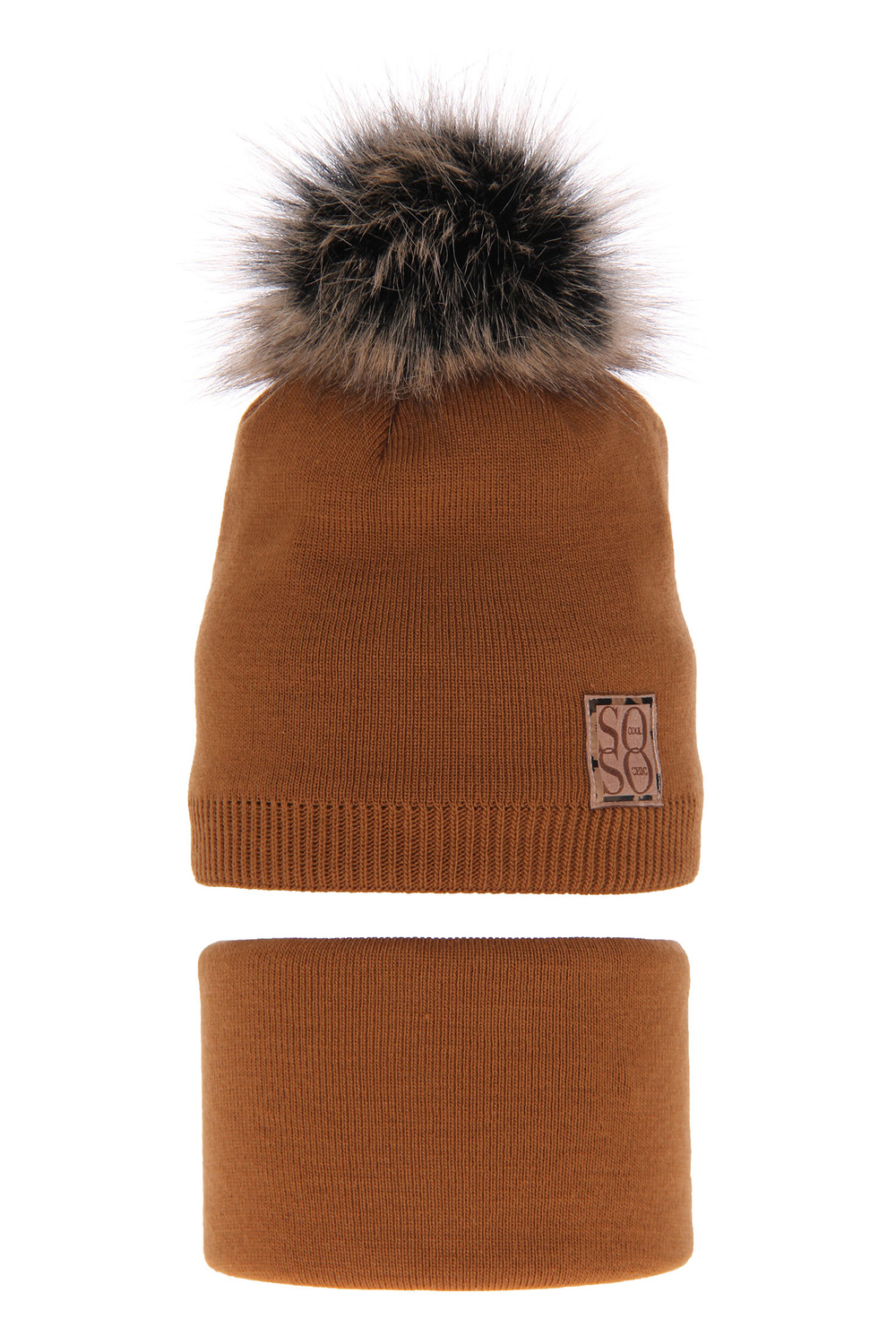 Flicka vinter set: mössa och tubhalsduk, camel, med pompom, Apolinka