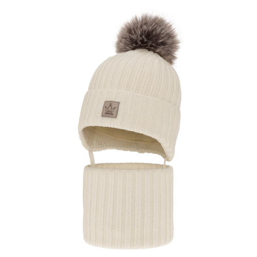 Flicka vinter set: mössa och tubhalsduk, creme, med merinull, fodrad med fleece, med knytband, Martina