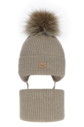 Flicka vinter set: mössa och tubhalsduk, beige, med pompom, Dilajla