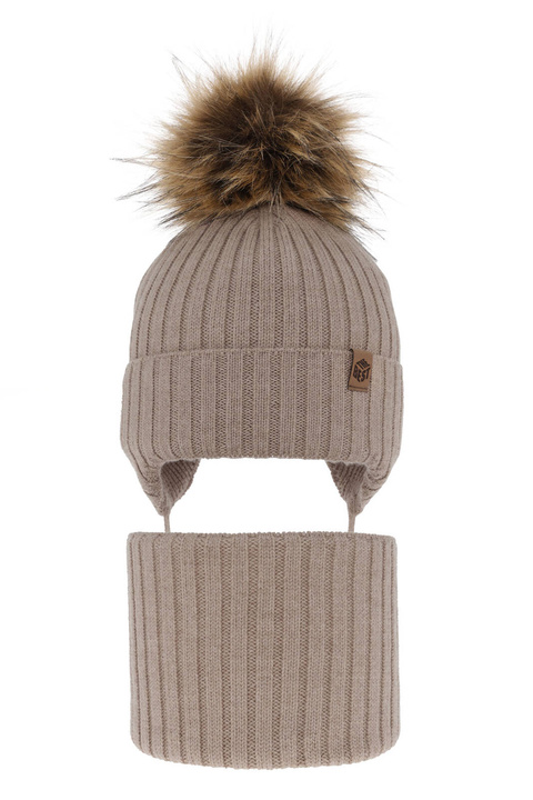 Pojke vinter set: mössa och halsduk, beige, med knytband, 100% Merino Ull, Juno