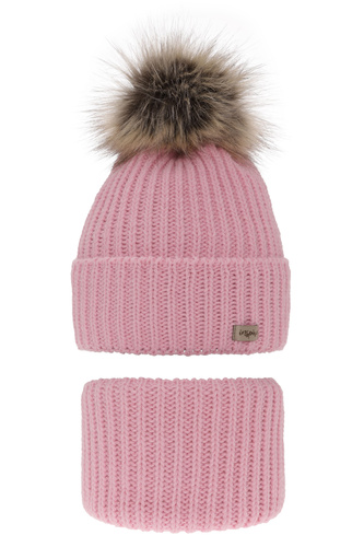 Flicka vinter set: mössa och halsduk, rosa, med pompom, Willow