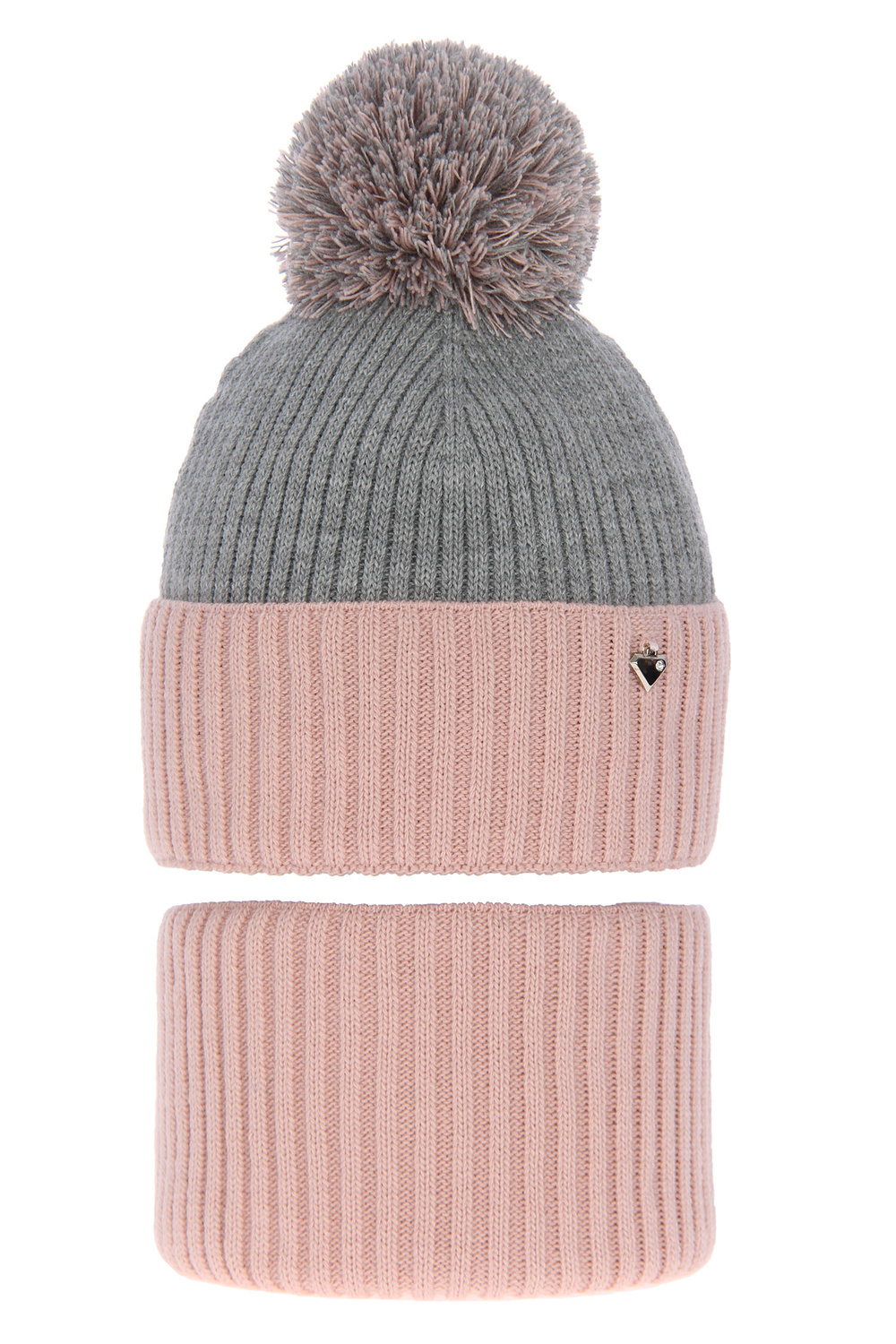 Flicka vinter set: mössa och tubhalsduk, rosa, med pompom, Kolumbina