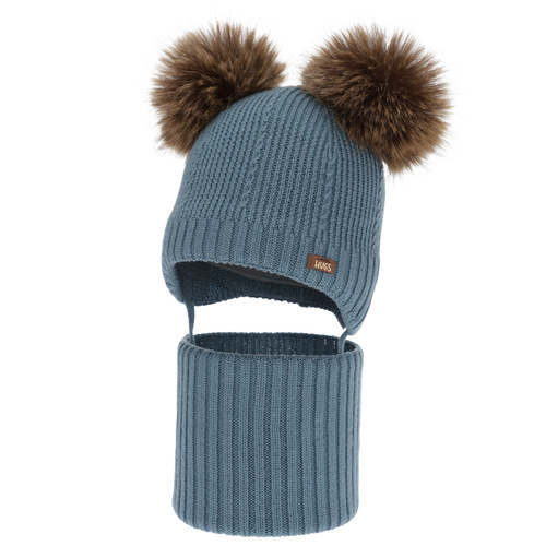 Pojke mössa och tubscarf, vinter set, blå, 100% merinull, fodrad med ullfleece, Lumio
