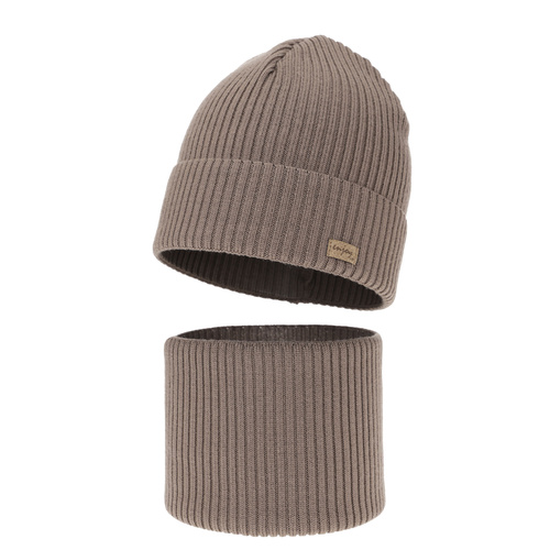 Pojke höst/vår set: mössa och tubhalsduk, mörkbeige, 100% Merino Ull, Intro