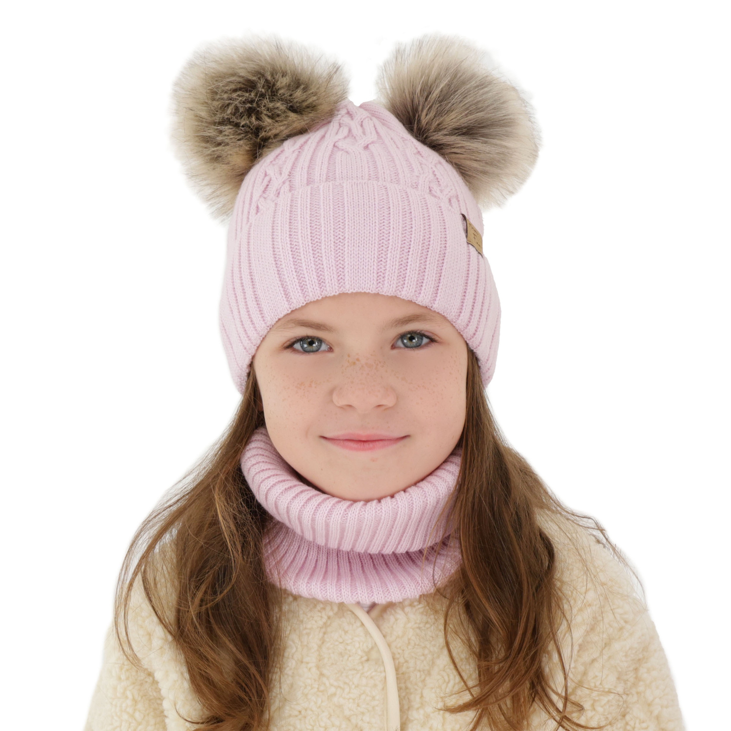 Flicka vinter set: mössa och tubhalsduk, beige, med två pompommar, Sierra