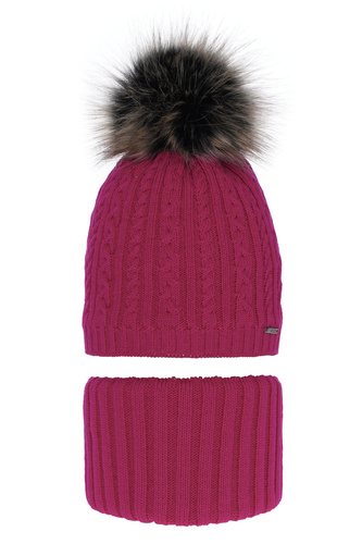 Flicka vinter set: mössa och tubhalsduk, rosa, med pompom, Rima