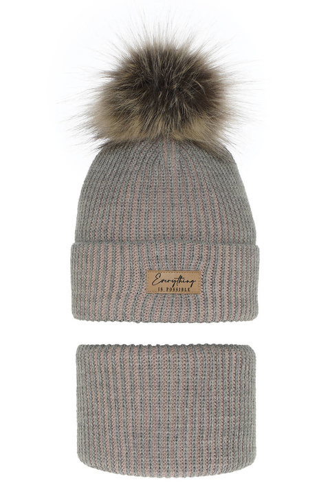 Flicka vinter set: mössa och halsduk, grå, med pompom, Floryda