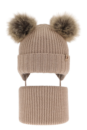 Flicka vinter set: mössa och halsduk, beige, med två pompommar, wiązany, 100% Merino Ull, Silvia