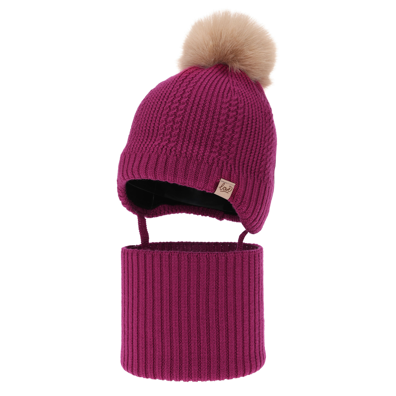 Flicka vinter set (mössa och tubhalsduk), amarant, 100% Merino Ull, fodrad med ullpolär, med knytband Danielle