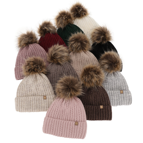 Dam vintermössa, beige, med pompom, Savona