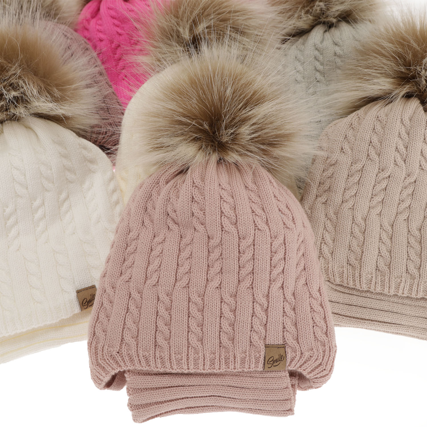 Flicka vinter set: mössa och halsduk, vit, med pompom, Loreley