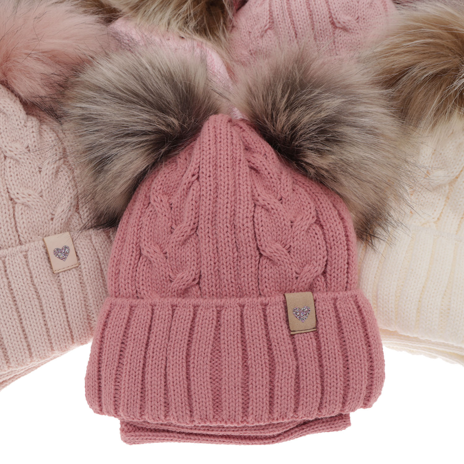 Flicka vinter set: mössa och halsduk, rosa, med två pompommar, Amala