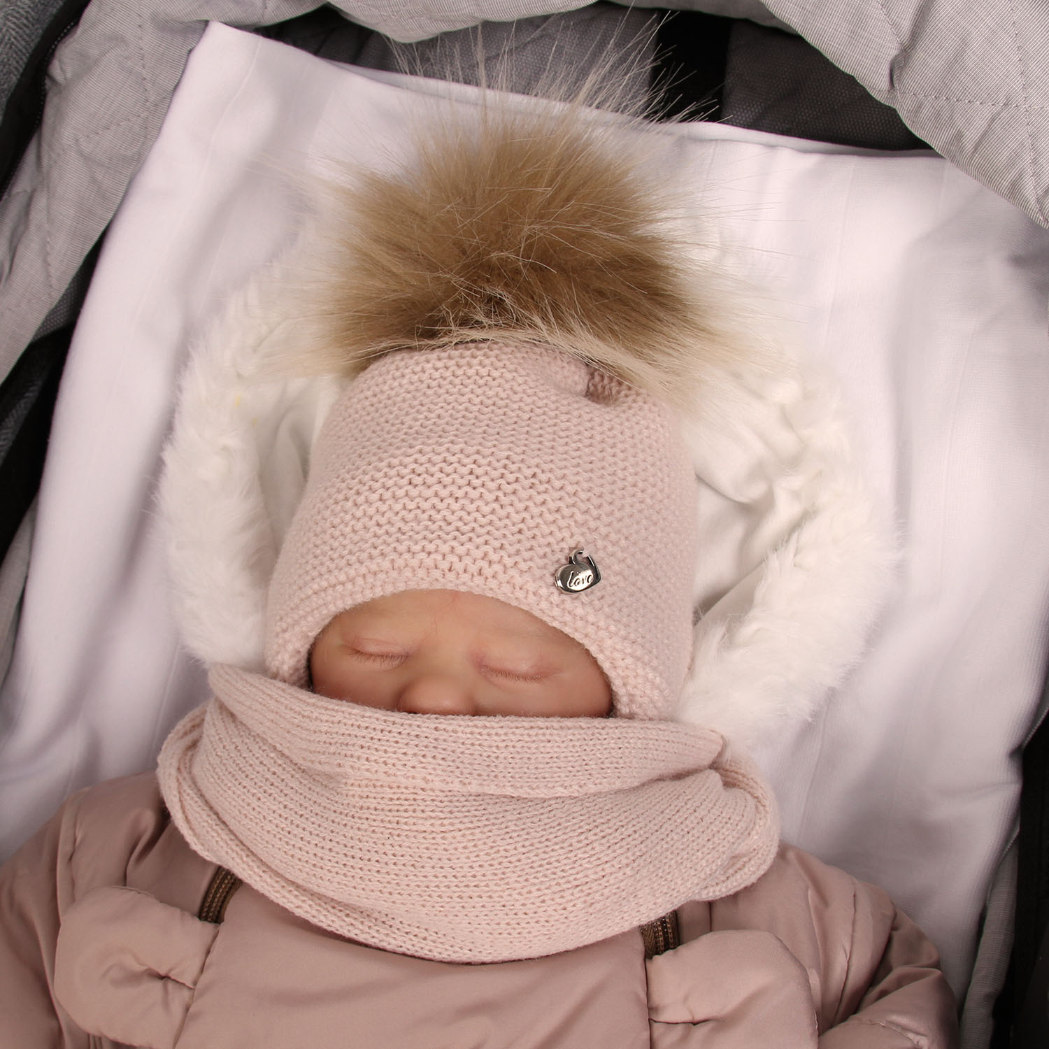 Flicka vinter set: mössa och halsduk, rosa, med pompom, Aimi