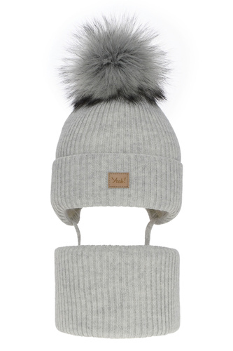 Flicka vinter set: mössa och tubhalsduk, grå, med pompom, Dilajla