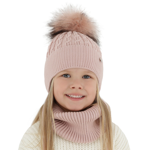 Flicka vinter set: mössa och tubhalsduk, rosa, med pompom, Tukana