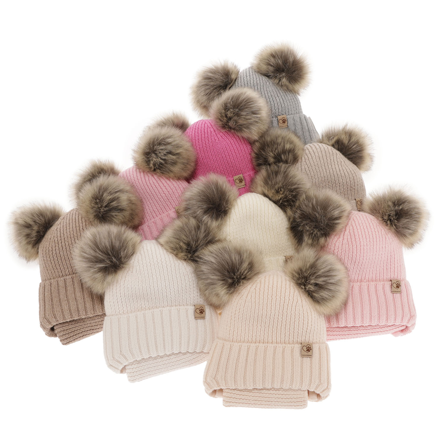 Flicka vinter set: mössa och halsduk, beige, med knytband, med två pompommar, 100% Merino Ull, Silvia