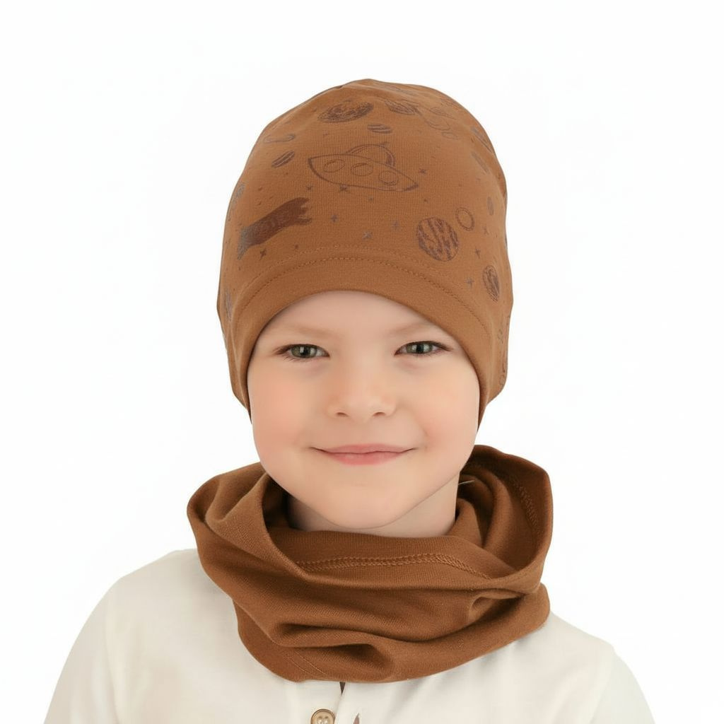 Pojke höst/vår set: mössa och tubhalsduk, camel, fodrad med bomull, Kosmos