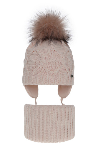 Flicka vinter set: mössa och tubhalsduk, rosa, med pompom, Elena