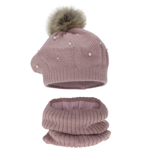 Flicka vinter set: beret och tubhalsduk, rosa, fodrad med fleece, med pompom, Jeanette