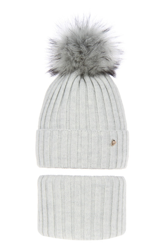 Flicka vinter set: mössa och tubhalsduk, grå, med pompom, Wilma