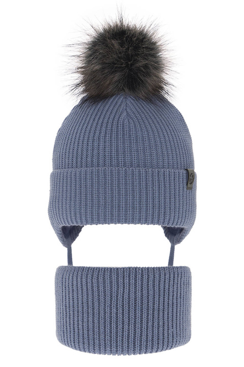 Pojke vinter set: mössa och halsduk, ljusblå, med knytband, med pompom, Honed