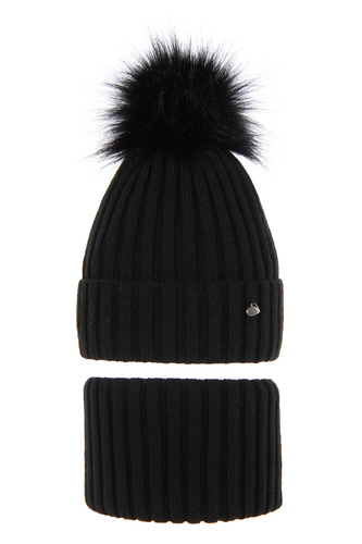 Flicka vinter set: mössa och tubhalsduk, svart, med pompom, Wilma
